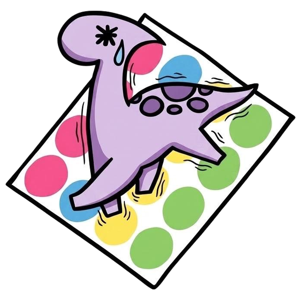 Twisty the dinosaur balancing on a twister mat